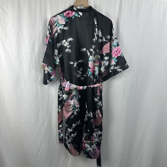 Sam Well Black Floral Peacock Belted Satin Kimono Robe Womens OSFM - Picture 2 of 14